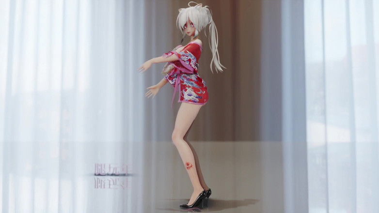 MikuMotion: Çikolatalı krema cheongsam; Siyah çoraplı; Kırmızı soled yüksek topuklu ayakkabılar