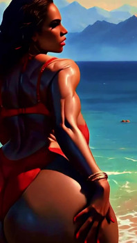 4K 100% Ai Generated 3D Soft Looping Pmv: Dark-skinned Thick Ass Gentle Twerk on Tropical Beach in Sexy Bikinis