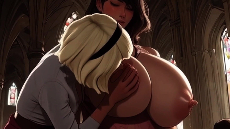 Spicy Toons: Milky MILFs kan inte innehålla sina ammande bröst i kyrkan