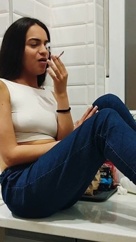Smoking Girl Fetish in the Kitchen Eye Contact Brunette