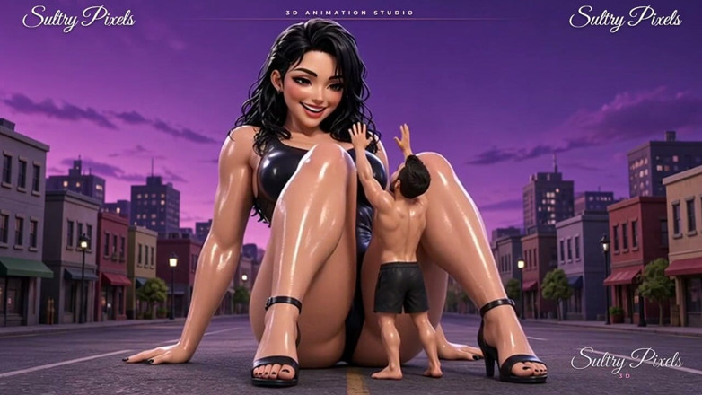 Sultry Pixels 3D: Naolejovaná obryně ve vysokých podpatcích nad drobným mužem - obří podešve...