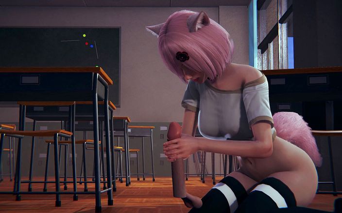 Waifu club 3D: Studenta Neko îți masturbează pula