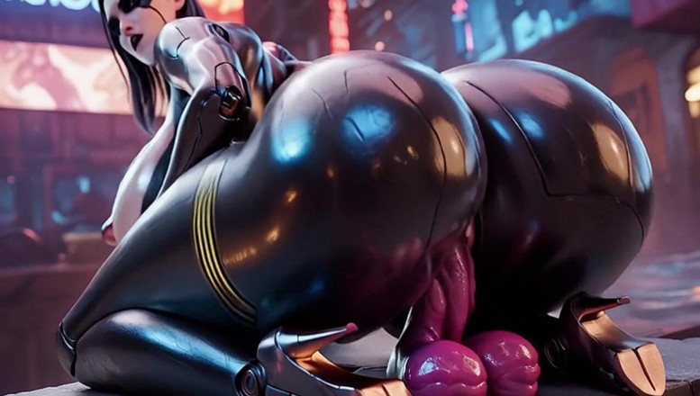 Animate golden: sexig kurvig robot som tillfredsställer sin herre