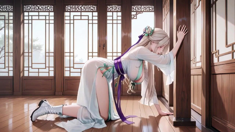 Tay Swift X: Blanca criada Kimono Arrodillado en el corredor japonés, enorme raja...