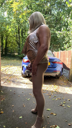 Sexy Crossdresser Kellycd2022 in Gold Leopard Print Dress Tan Pantyhose and Heels S thumbnail