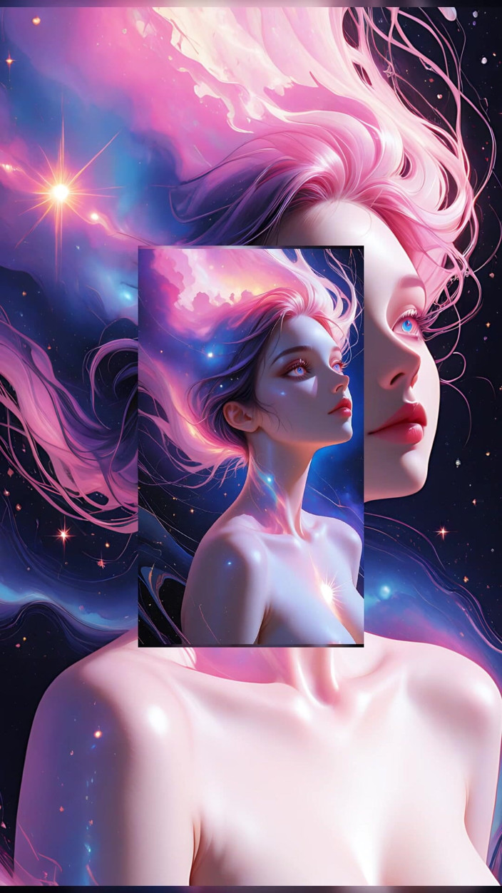 VelvetInk Studio: Donna nuda di un sogno cosmico che fluttua in una...