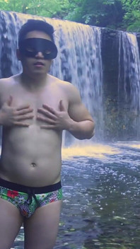 Muscular Asian Hunk Flexes in Speedo by Waterfall - Tight Ass & Hole Tease, Strips Naked & Explodes with Massive Cumshot
