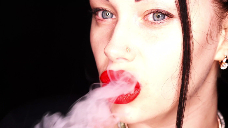 Goddess Misha Goldy: 4K Applying red lipstick and smoking hookah on black background