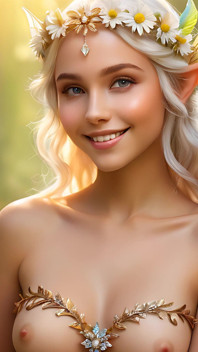 Nackte Schönheit hält Daisy mit Sunlit Gold Diamond Schmuck Künstlerische Ai Diashow