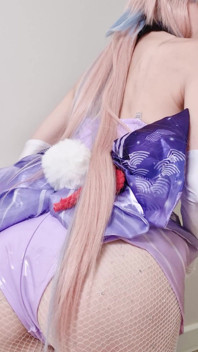 Tender Sangonomiya Kokomi with Bunny Ears and Latex Bodysuit Teases with Her Cute Ass in Fishnets