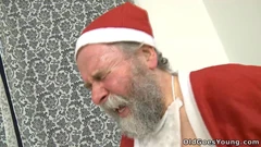 Two Naughty Teens Fucked Hard by Sexy Older Male Santa and Take His Cum