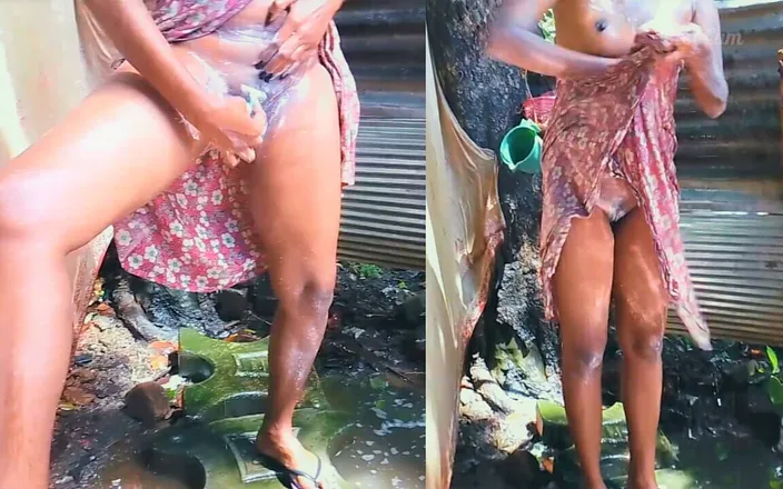 Desi_cum: The Desi Naked Aunty Bathing Outside and Shaving Her Pussy