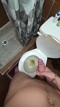 Two Shots of Cum on the Pee in the Bathroom