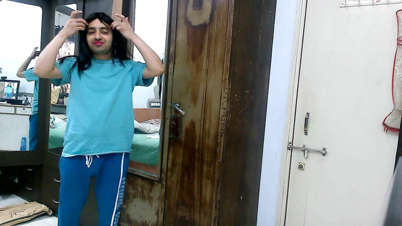 Cute & Nude Crossdresser: Sweet sissy crossdresser femboy in boyfriend's loungewear.