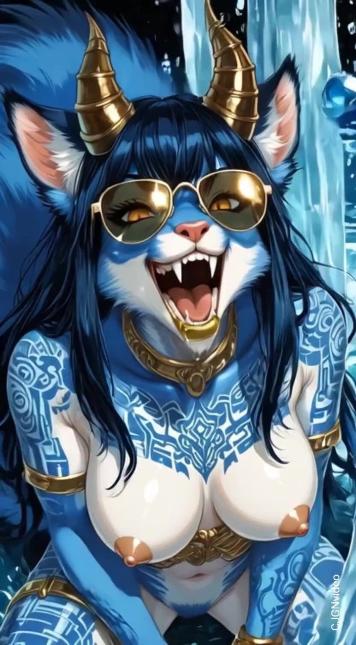 Hot girl dancing: 122. Blå furry demondans och sexig pose vid vattenfallet (ai animation)