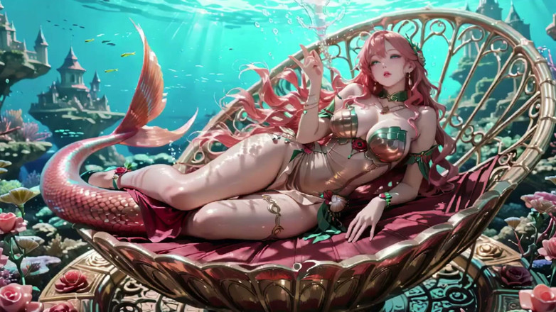 Seraphina Vale: Фантазия глубокого моря! Розововолосая русалка Queen в лаундже Во Дворце Атебау, удары пальцами, постукивание воды, персонал.