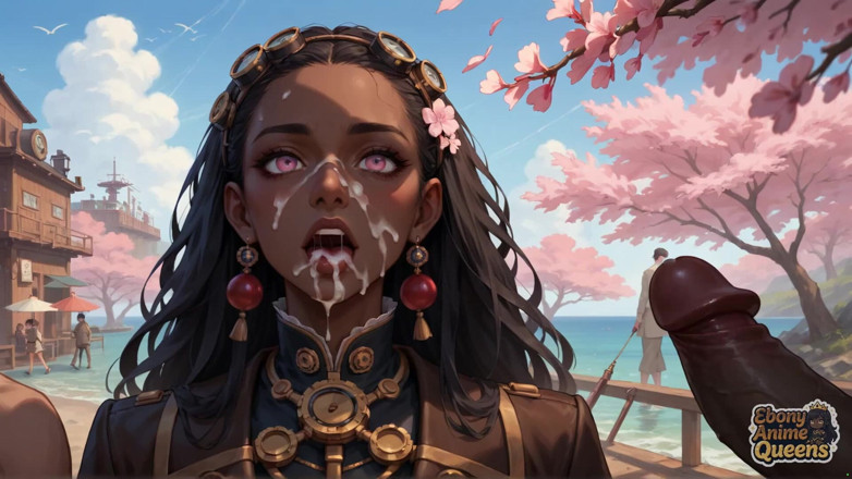 Ebony Anime Queens: La diosa de ébano cachonda da un cerezo en flor por...