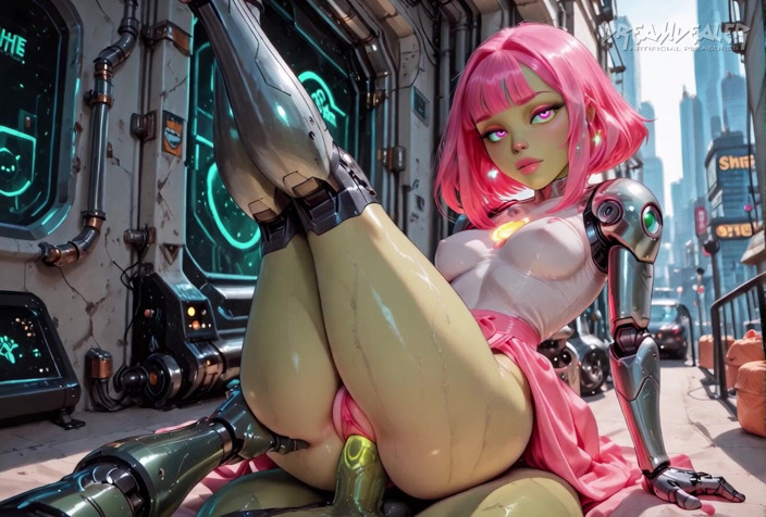 DreamDealer: エイリアンの女神アリクサがサイバータウンを案内する - Ai生成