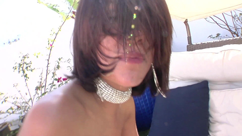 Femdom Sex: Brunette babe sucking and fucking on lounger