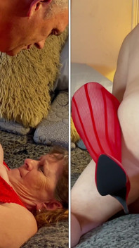 Nonna Signora in Rosso: Gioco Con Dildo & 2 Orgasmo E Scopata Di Posizione