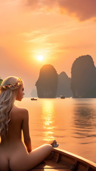Hermosa chica elfo desnuda de grandes pechos disfrutando de una puesta de sol en un barco en Tailandia