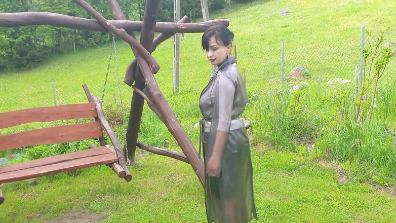 Wanilianna: Raincoat, nylons and bra with open nipples
