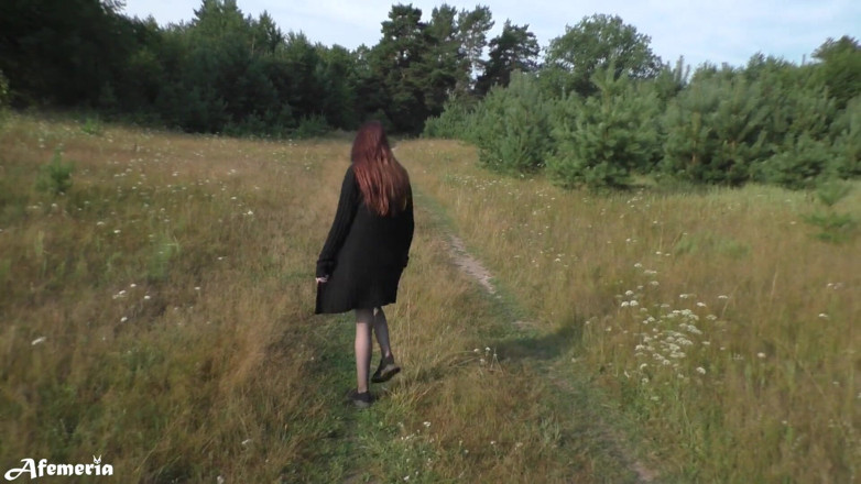 Afemeria: Lustful brunette undresses in the woods and walks naked