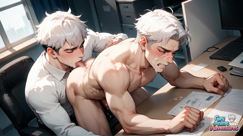 Gay Anime Adventures: Фантастический XXX Акт на офисном столе с мускулистым человеком, раздвинутым широко. Это супер-бурное супер-горячее обнаженное порно время!