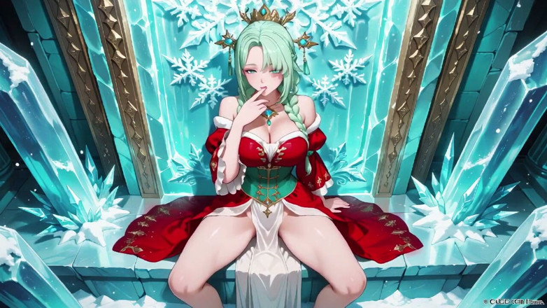 Tay Swift X: Green-haired Goddess in Red Gown Kneels in the Crystal Hall,...