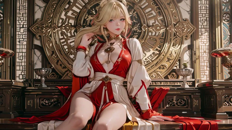 Seraphina Vale: Celestiale godin daalt af! Rood- en wit Hanfu, gouden haar,...