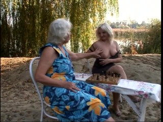 A Lesbian World: Long haired blond slut fingers grandma on the bench