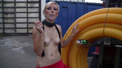 Smoke it bitch: Cute blonde gal smokes cigar outdoor and poses