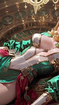 The Golden Queen Arrives! Divine Seduction Under Green-gold Armor, Kneeling and Gazing Back with a Finger to Her Lips.