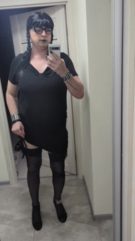 Sissy in Chastity Dances in Stockings & Heels with Big Fake Tits - Wednesday Addams Cosplay