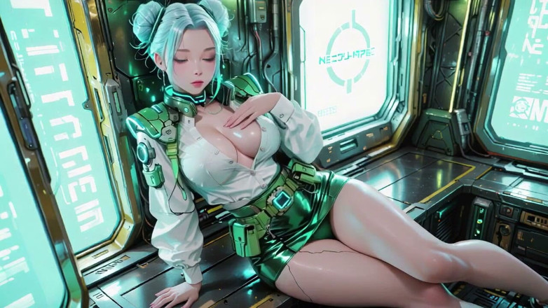 Seraphina Vale: Cyber warrior fantasi! Silverhårig skönhet i green metal rustning, byta...