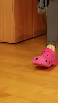 Gray Leggings, Pink Clogs, Ski Socks & Barefoot Under Desk
