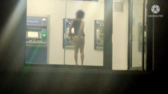 Sissy in Slutty Dress Masturbating Her Ass in Public ATM with Dildo at Night
