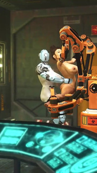 I just want your dick! Robot shemale fucks a sexy cuffed busty brunette in the sci-fi lab