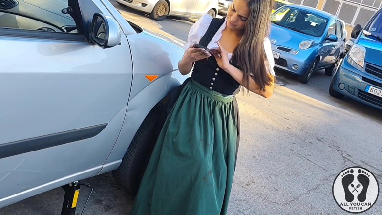 All You Can Fetish: Dirndl Slut Gets Dirty and Oily Changing Tires