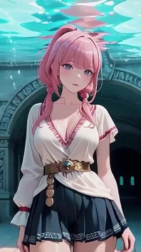Underwater Fantasy Pink-haired Girl in a Sailor Suit Lounging Lazely, Fingertips Touching the Water as Sunlight Wets Her Skin.