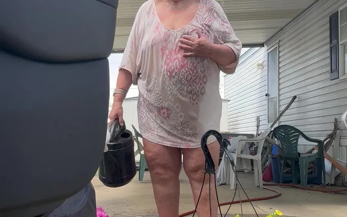 Big Ass 4 U: Watering Flowers Flashing Tits and Ass