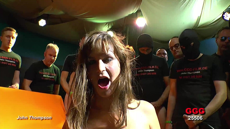 Gang Bang Germany: Brunette Bukkake Slut Takes Massive Cumshots From Gang
