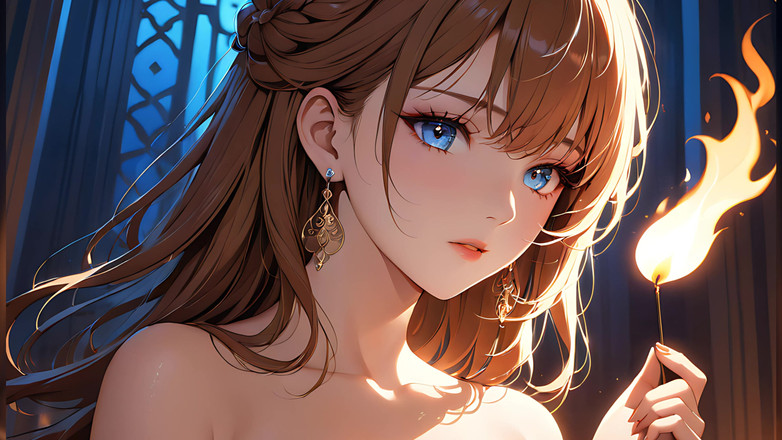 LustRender: Ember Kiss: uma bela jovem iluminada por uma pequena chama