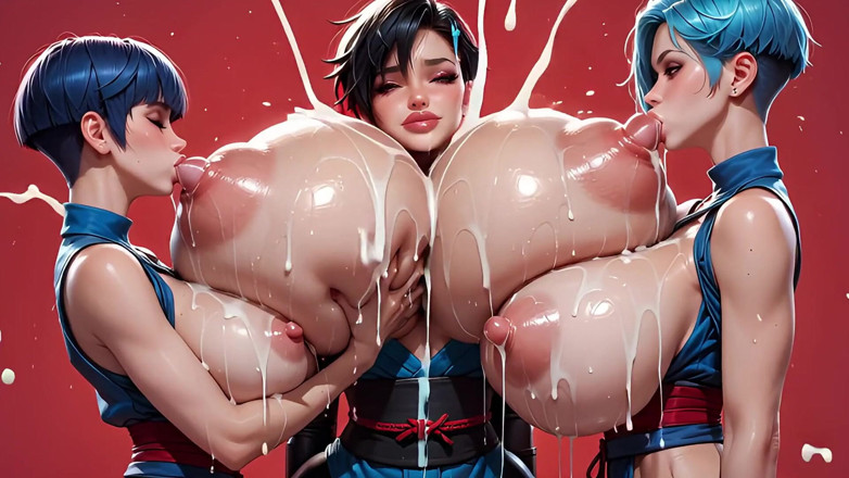 Bubble gym: Девушки Go молочный Нинджа, косплей-красотки сосут их толстые сиськи и спрей молоком