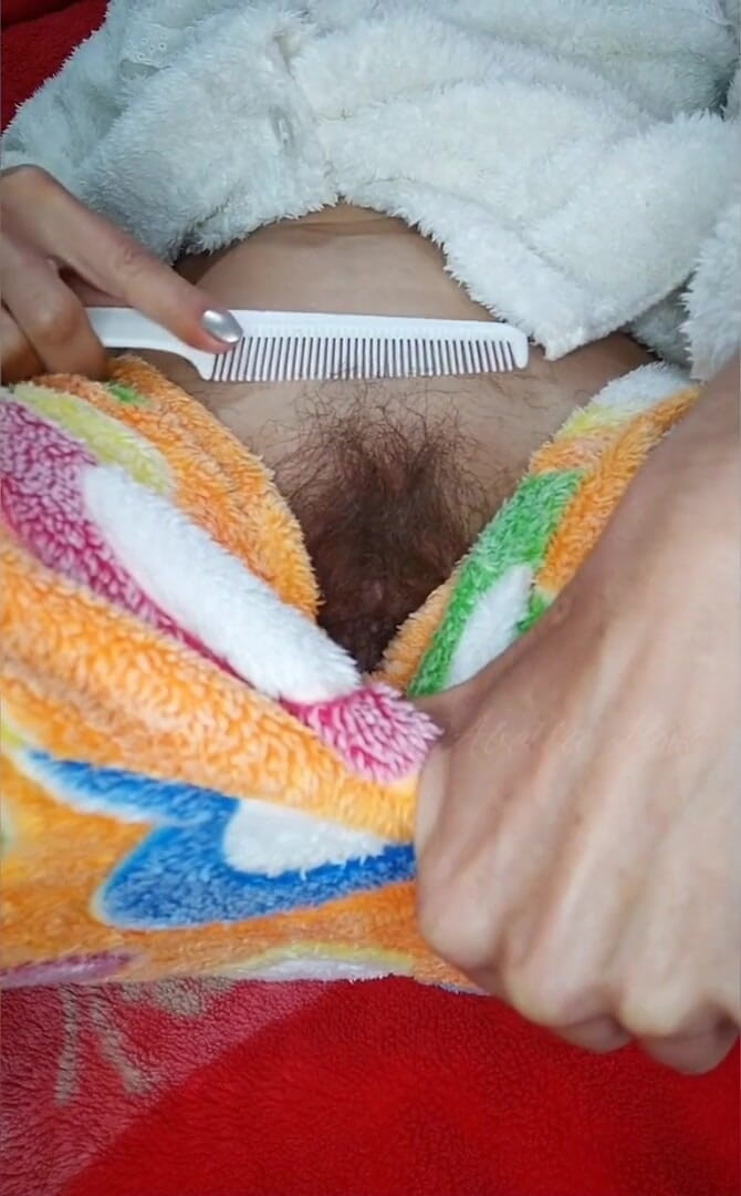 Abella Love: Cute babe fingering and combing her hairy pussy POV