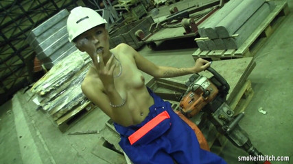Smoke it bitch: Skinny blonde worker in the factory takes her break for...