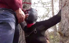树林里的户外性爱。穿着性感的衣服和高跟鞋，被绑住，深喉和性交