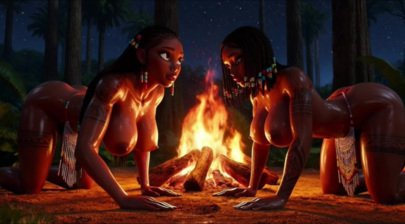 My night collection: Voluptuous ebenholts tribal kvinnor utför primal elddyrkan på alla fyra...