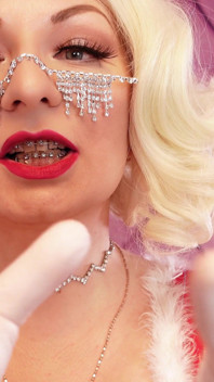 ASMR: beautiful yawning Santa girl wearing nitrile medical nurse gloves