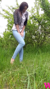 Desperate Skinny Girl in Jeans Trying to Hold Her Pee in the Forest